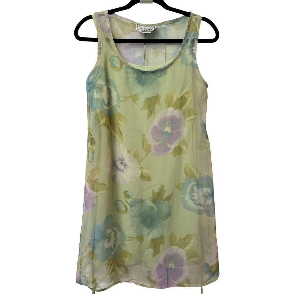Finally Vintage Floral Sheer Sleeveless Mini Dress Sage Green Pansy Print Size 5